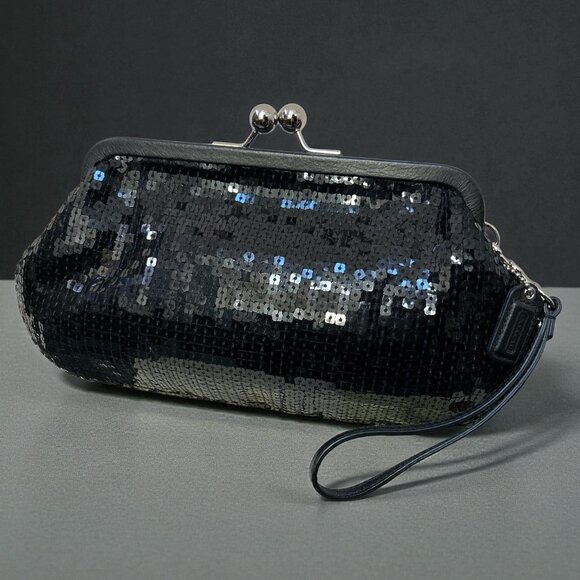 Coach Kiss Lock Black Sequin Wristlet Clutch - Picture 2 of 4